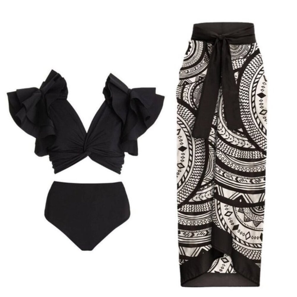 NWT. 3 Piece Ruffled High-Waist Bikini Set with Cover Up